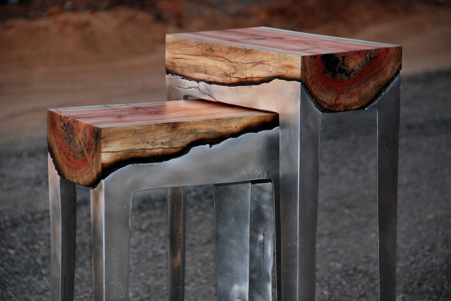 Wood casting - drewno i trochę ciekłego aluminium - ławka, stół
